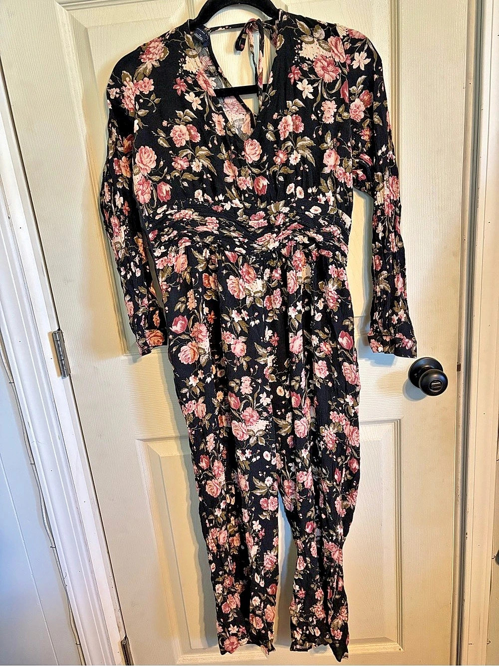 American Eagle Floral Long Sleeve Jumpsuit in Black & Pink